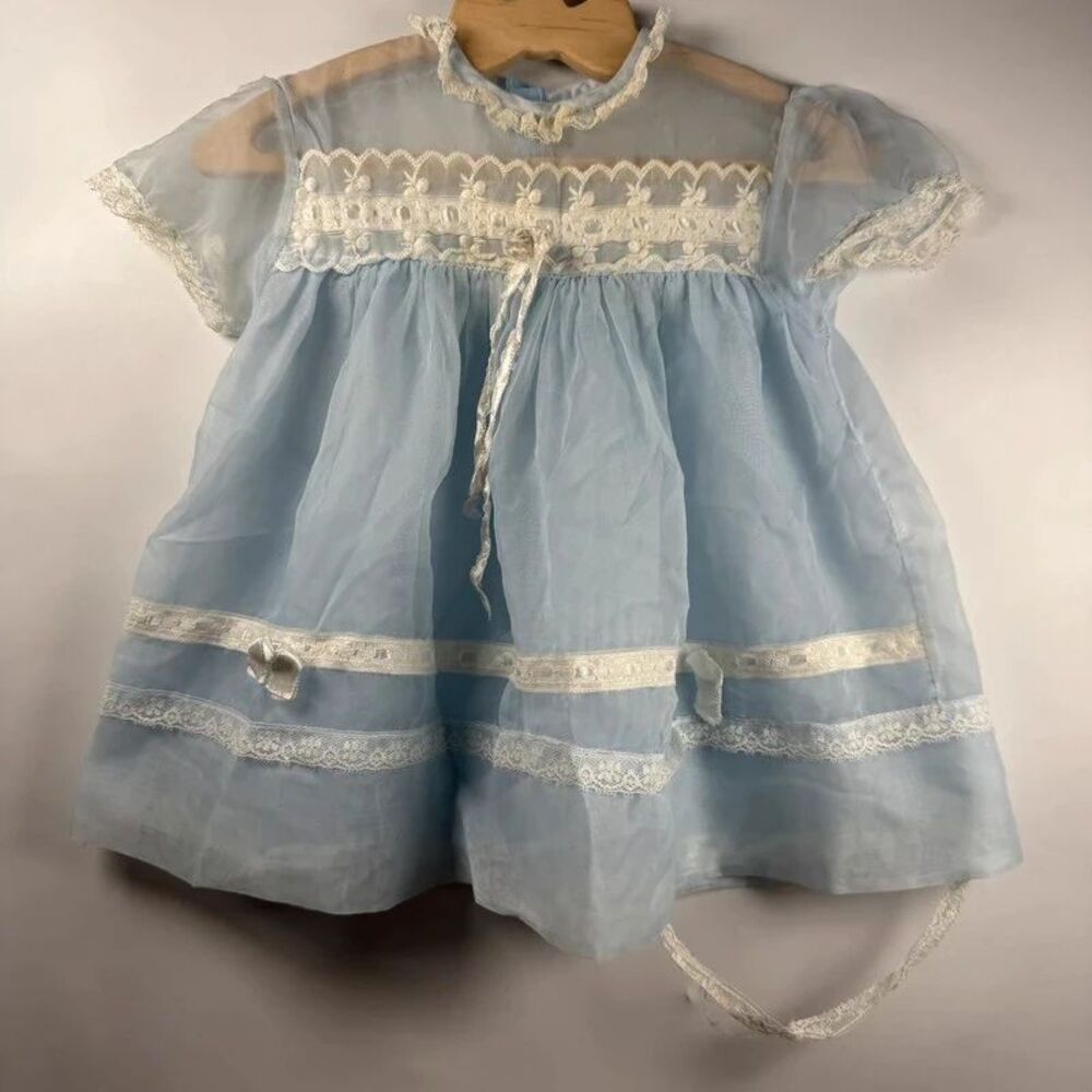 VTG Sheer Organza Lace Trim High Neck Baby Girl Dress Light Blue Layered